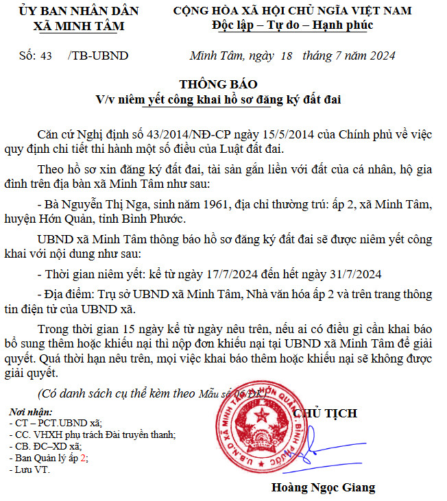 NIÊM YẾT CÔNG KHAI CẤP ĐỔI HỒ SƠ ĐẤT CỦA BÀ NGUYỄN THỊ NGA