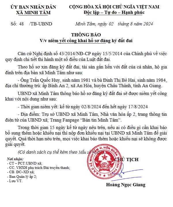 Niêm yết công khai hồ sơ đăng ký đất đai ( Trần Quốc Huy)