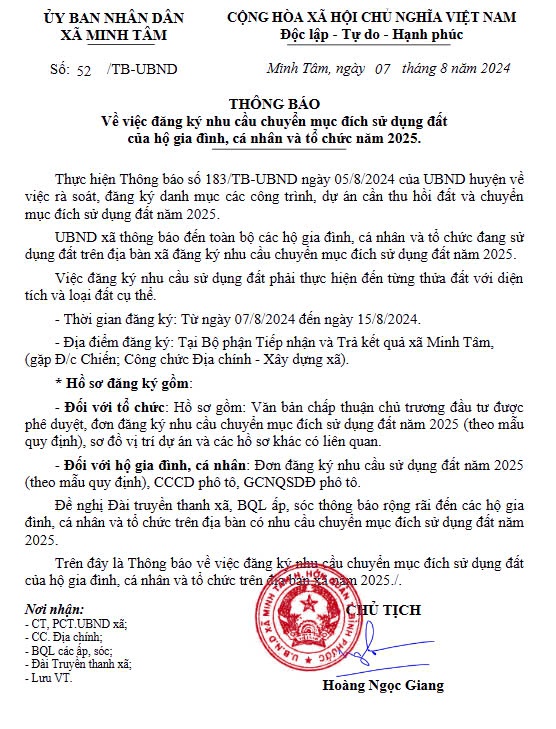 Thông báo đăng ký danh mục các công trình, dự án cần thu hồi đất và nhu cầu chuyển mục đích sử dụng đất năm 2025