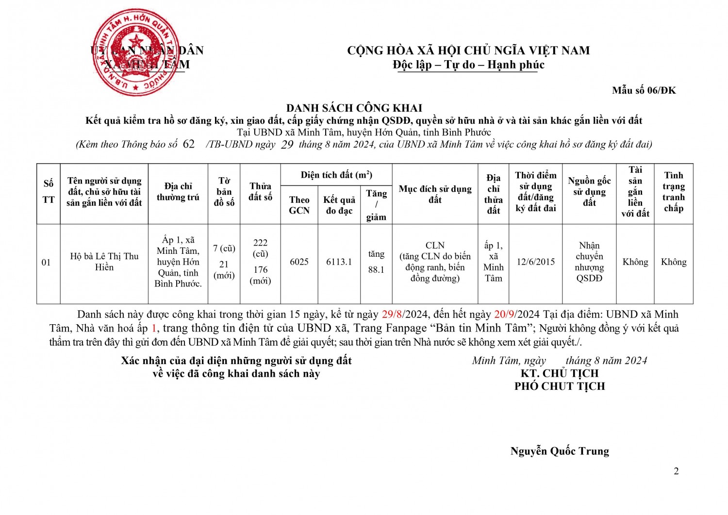 Ni├¬m yß║┐t c├┤ng khai hß╗ô s╞í ─æ─âng k├╜ ─æß║Ñt ─æai (L├¬ Thi╠ú Thu Hi├¬╠Çn) h├¼nh ß║únh 1