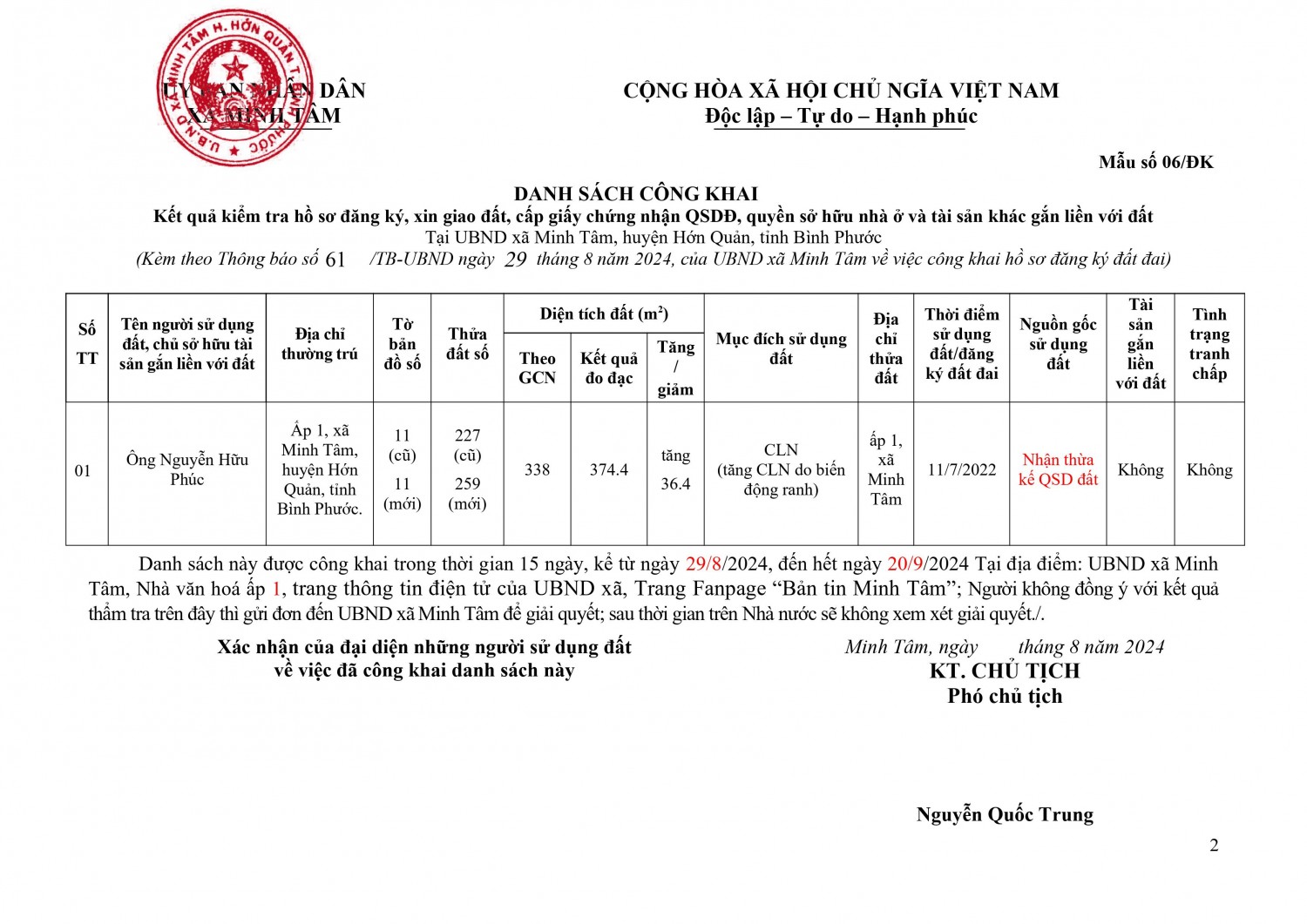 Ni├¬m yß║┐t c├┤ng khai hß╗ô s╞í ─æ─âng k├╜ ─æß║Ñt ─æai (Nguy├¬╠ân H╞░╠âu Phu╠üc) h├¼nh ß║únh 1