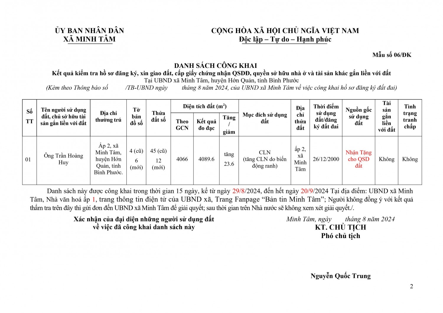 Ni├¬m yß║┐t c├┤ng khai hß╗ô s╞í ─æ─âng k├╜ ─æß║Ñt ─æai (Tr├ó╠Çn Hoa╠Çng Huy) h├¼nh ß║únh 1