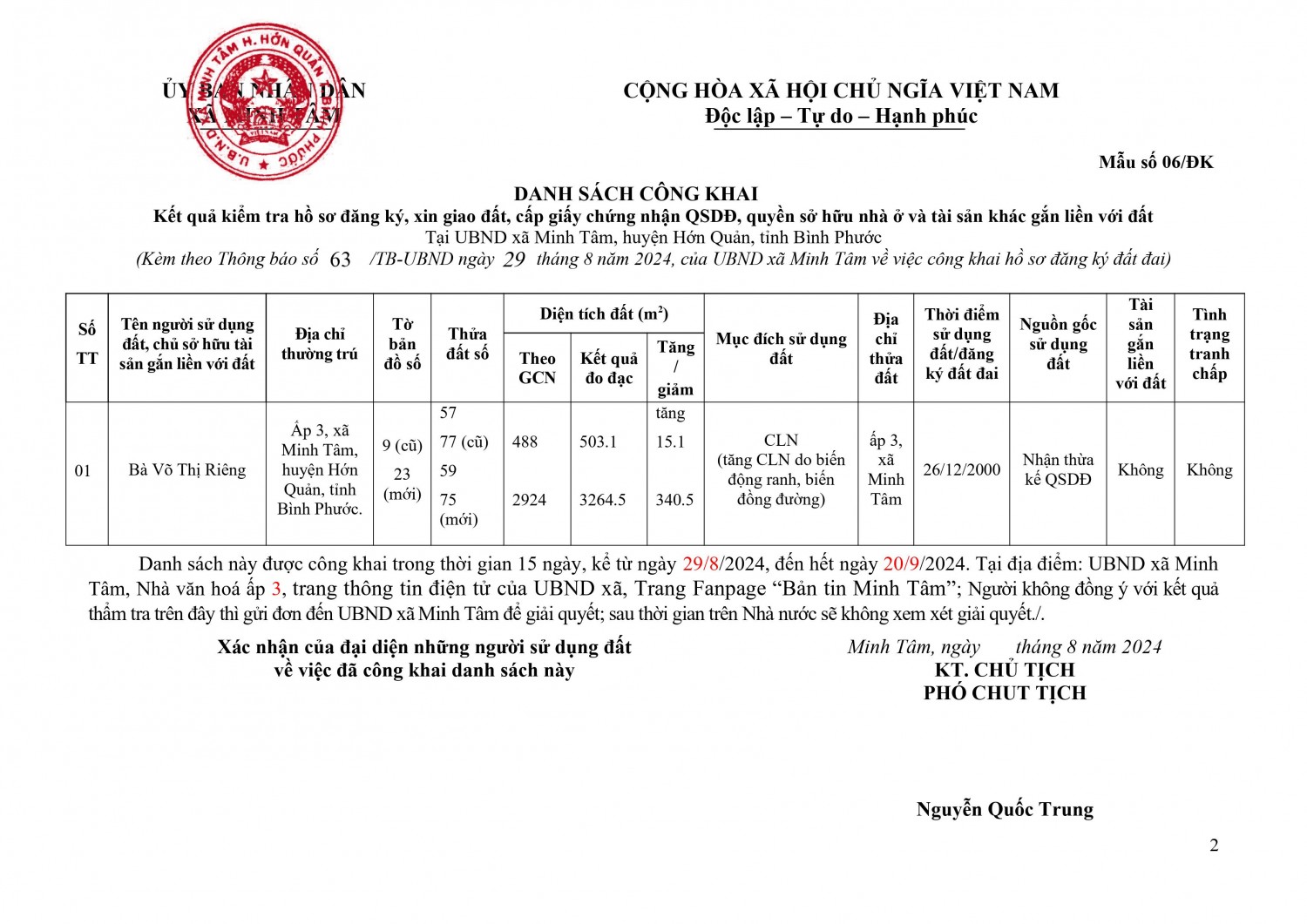 Ni├¬m yß║┐t c├┤ng khai hß╗ô s╞í ─æ─âng k├╜ ─æß║Ñt ─æai (Vo╠â Thi╠ú Ri├¬ng) h├¼nh ß║únh 1