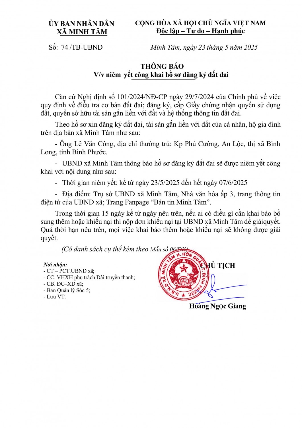 Thông báo Niêm yết công khai hồ sơ đất đai Lê Văn Công