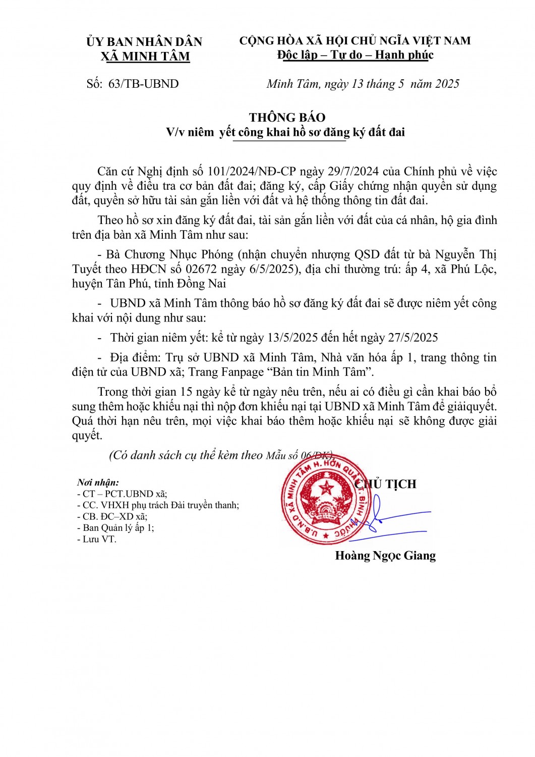 Thông báo Niêm yết hồ sơ đất đai Chương Nhục Phóng