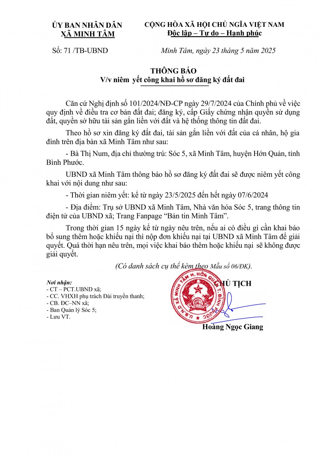Thông báo Niêm yết công khai hồ sơ đất đai Thị Num