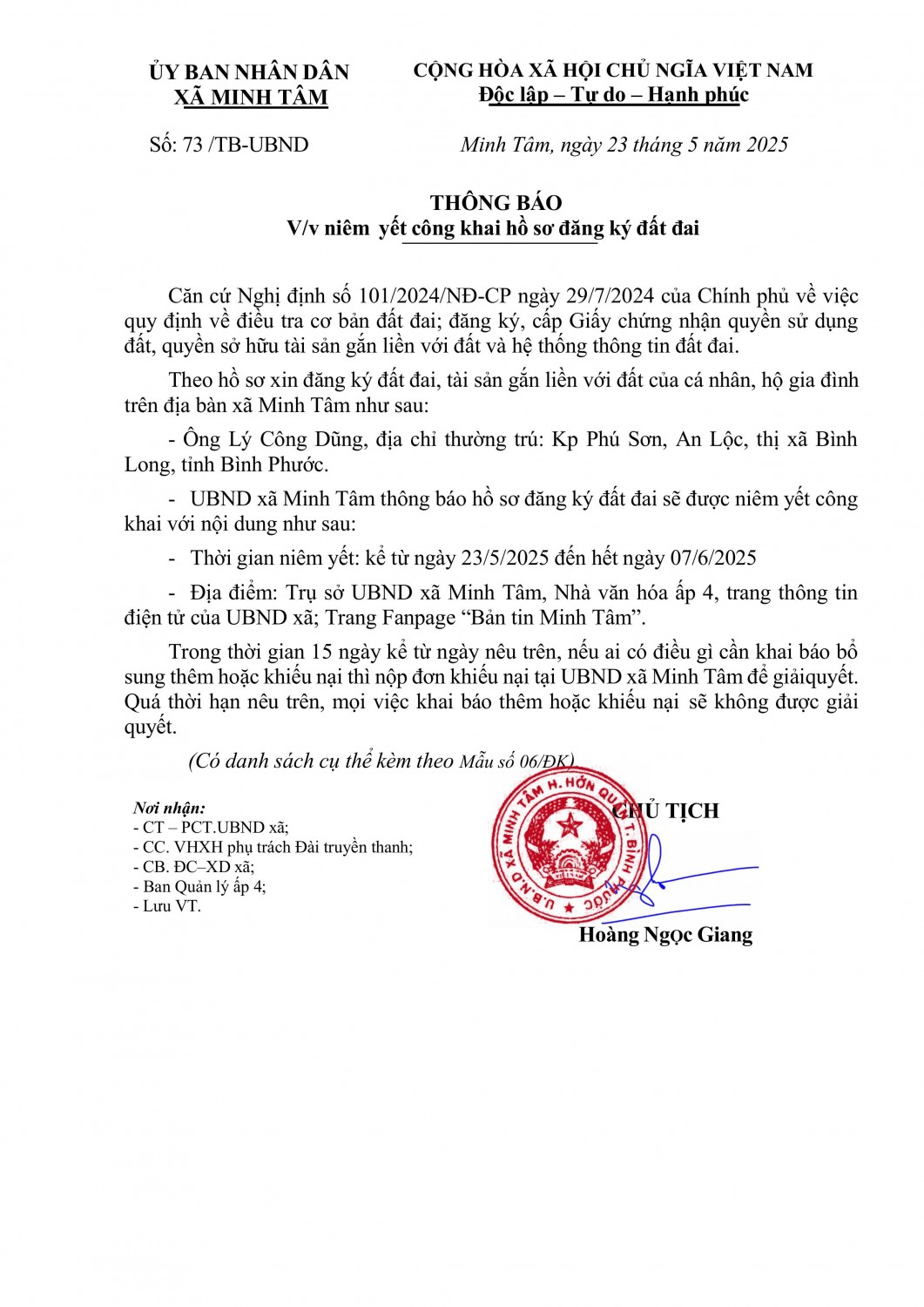 Thông báo Niêm yết công khai hồ sơ đất đai Lý Công Dũng