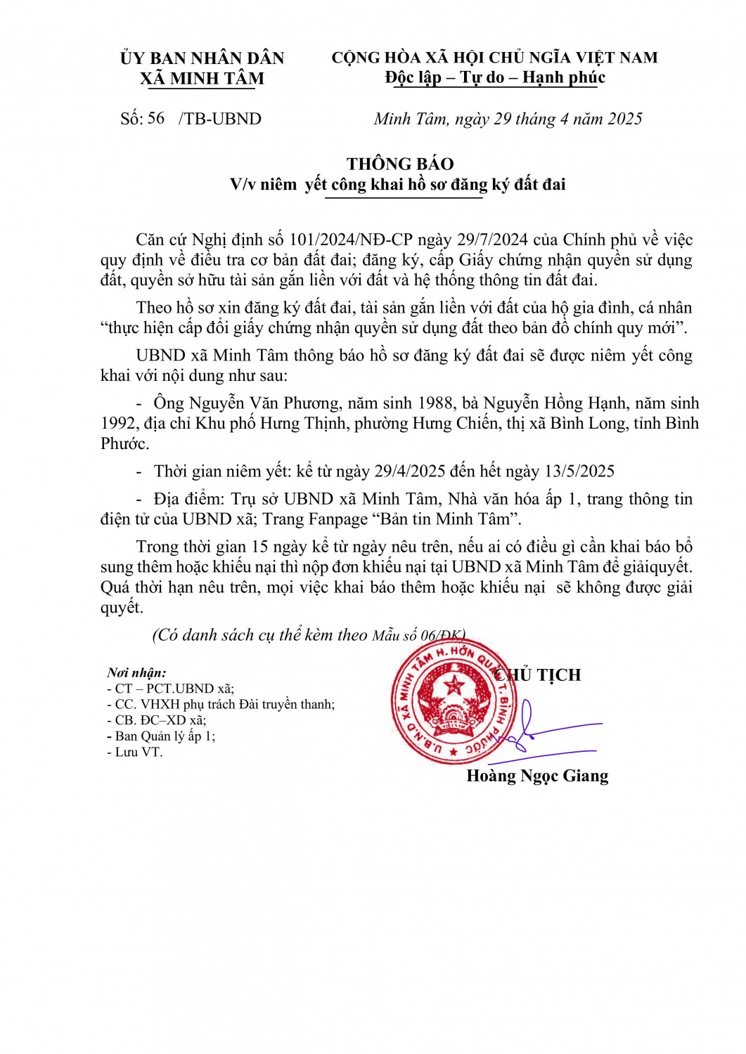 Thông báo Niêm yết công khai hồ sơ đất ( Nguyễn Văn Phương)