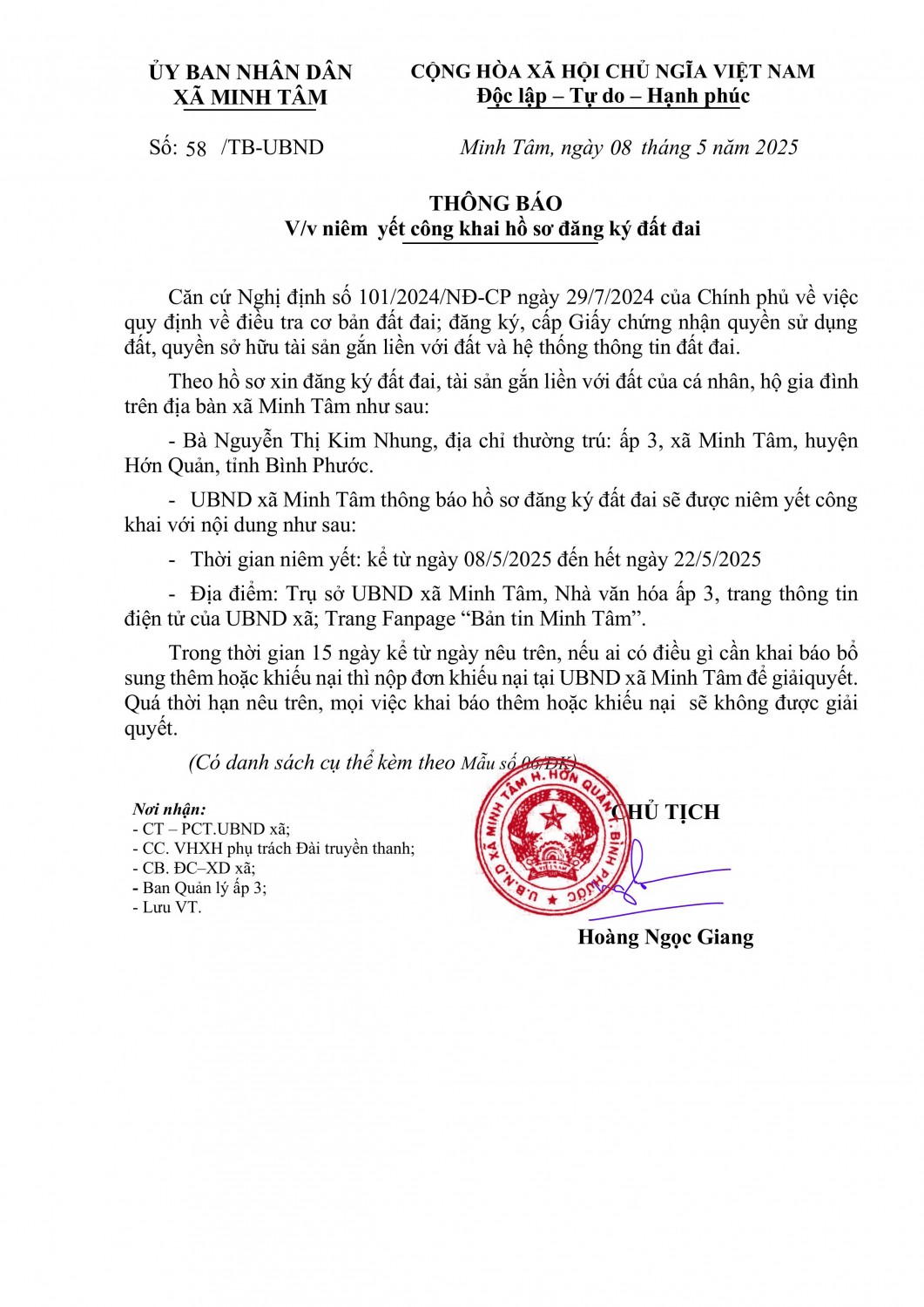Thông báo Niêm yết công khai hồ sơ đất đai (Nguyễn Thị Kim Nhung)