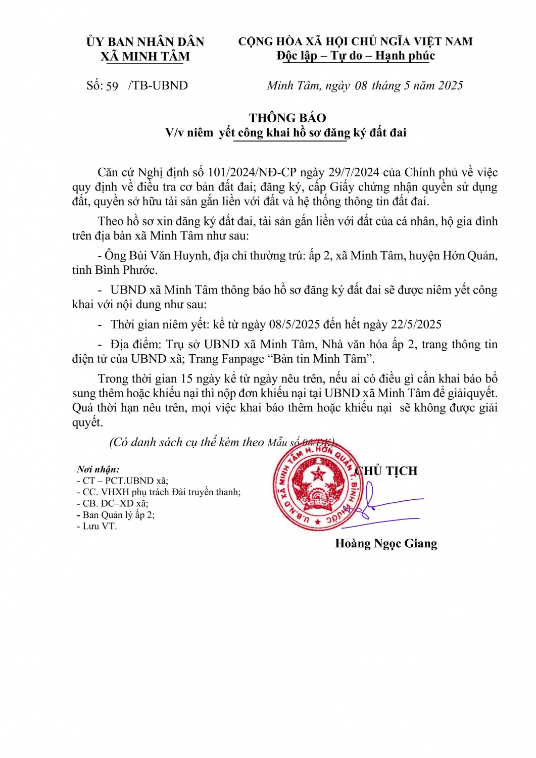 Thông báo Niêm yết công khai hồ sơ đất đai (Bùi Văn Huynh)