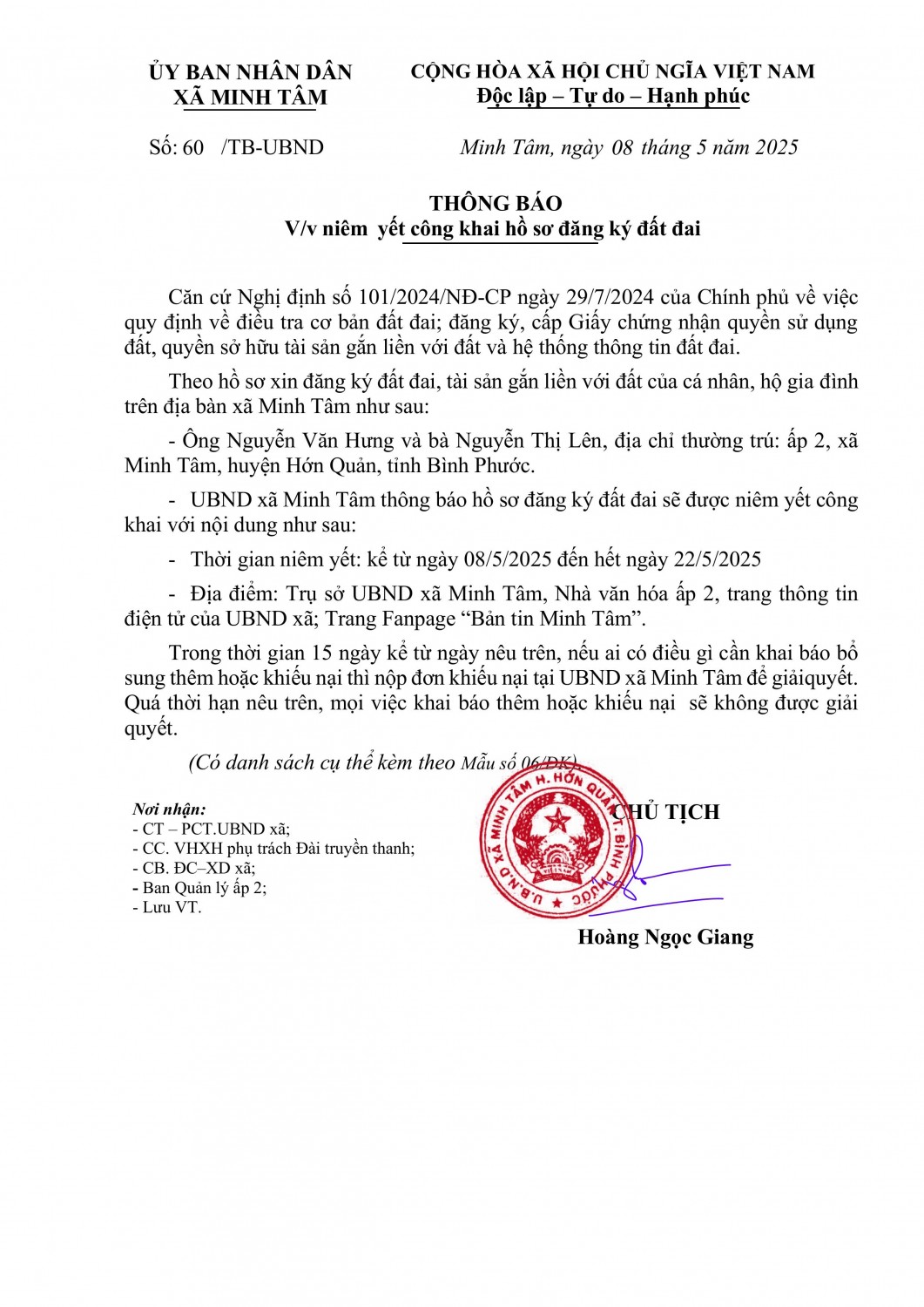 Thông báo Niêm yết công khai hồ sơ đất đai (Nguyễn Văn Hưng)
