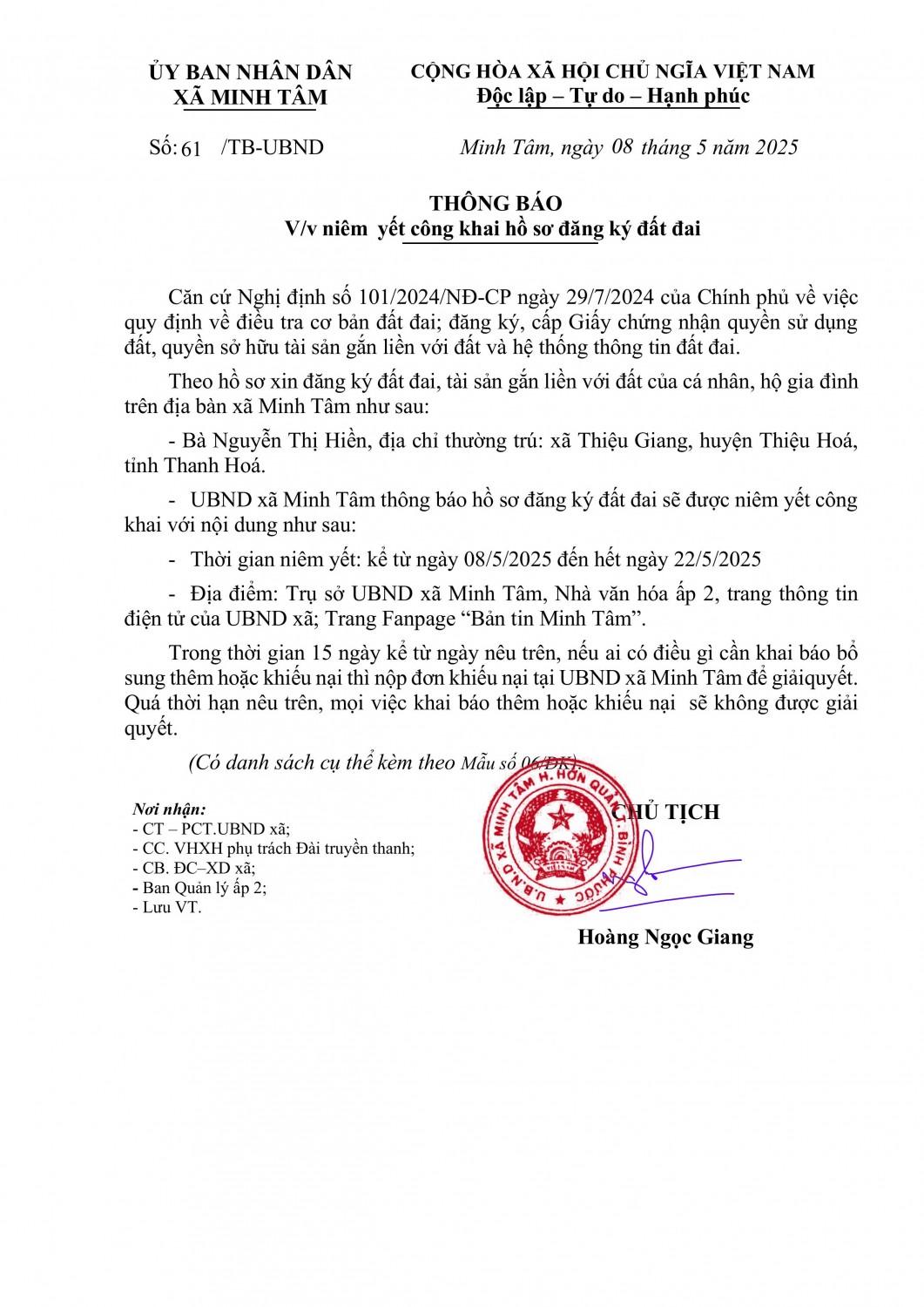 Thông báo Niêm yết công khai hồ sơ đất đai (Nguyễn Thị Hiền)