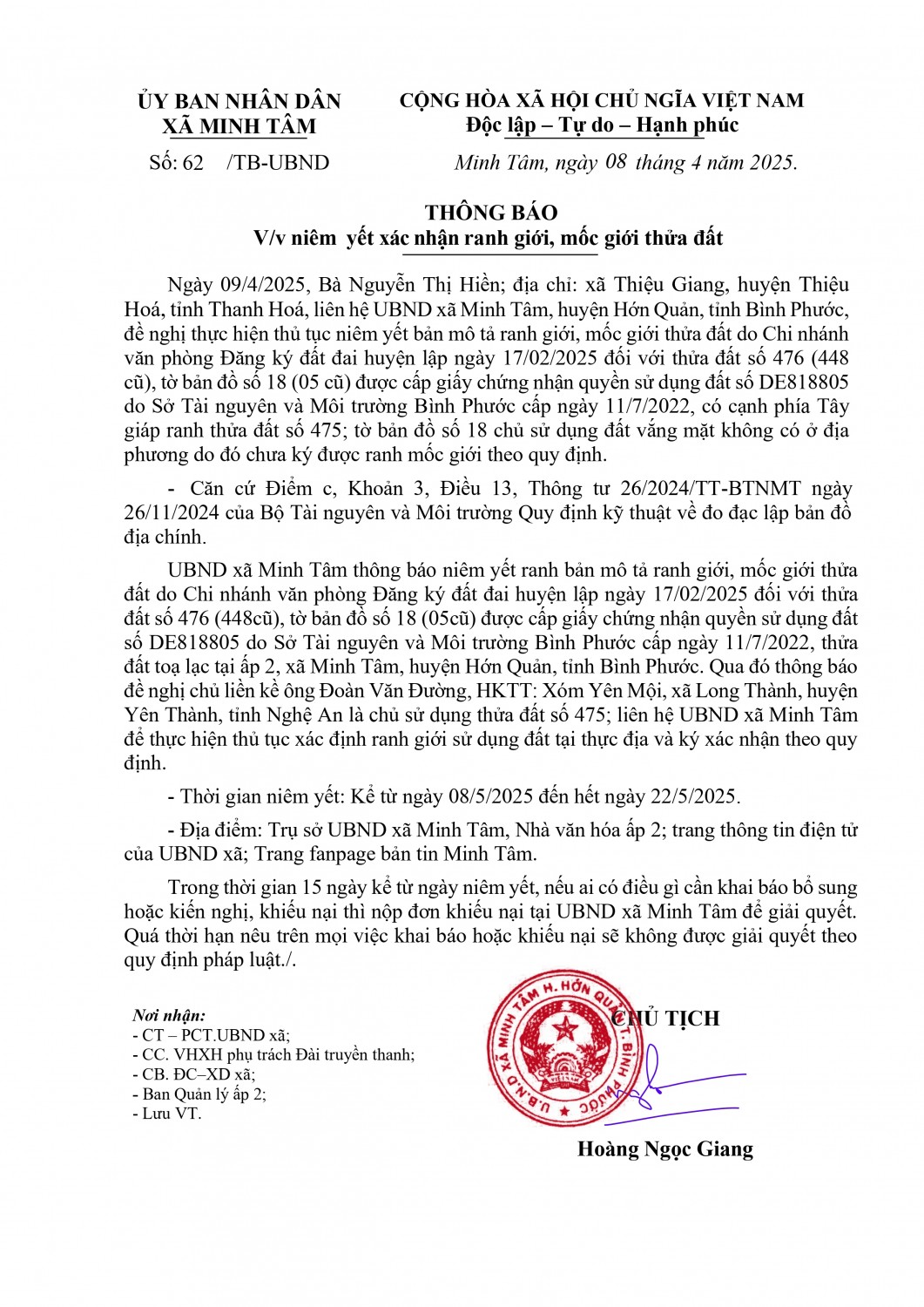 Thông báo Niêm yết ranh giới, mốc giới ( Nguyễn Thị Hiền)