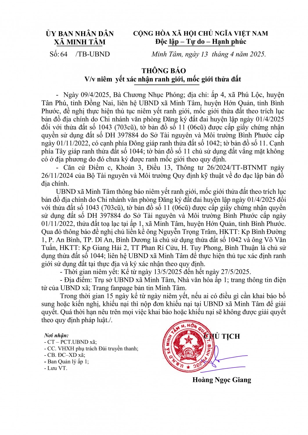 Thông báo  Niêm yết xác nhận ranh giới, mốc giới thửa đất Chương Nhục Phóng