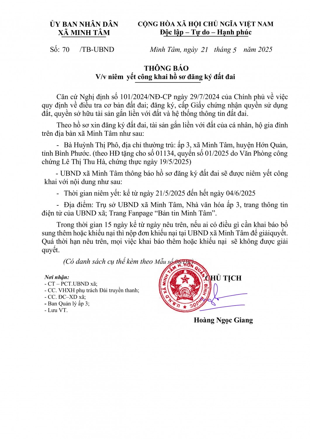 Thông báo Niêm yết công khai hồ sơ đất đai Huỳnh Thị Phô