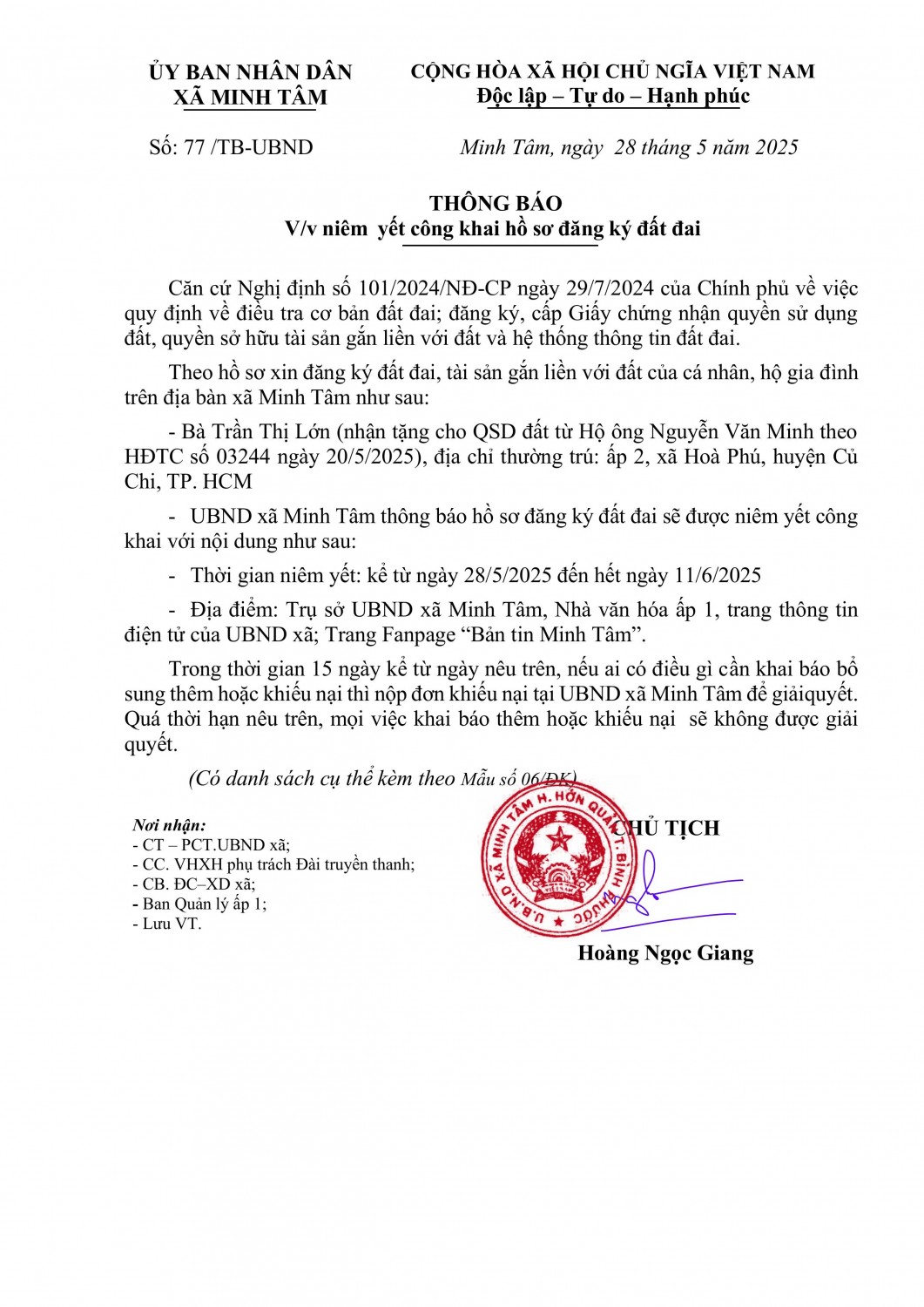Thông báo Niêm yết công khai hồ sơ đất đai Trần Thị Lớn