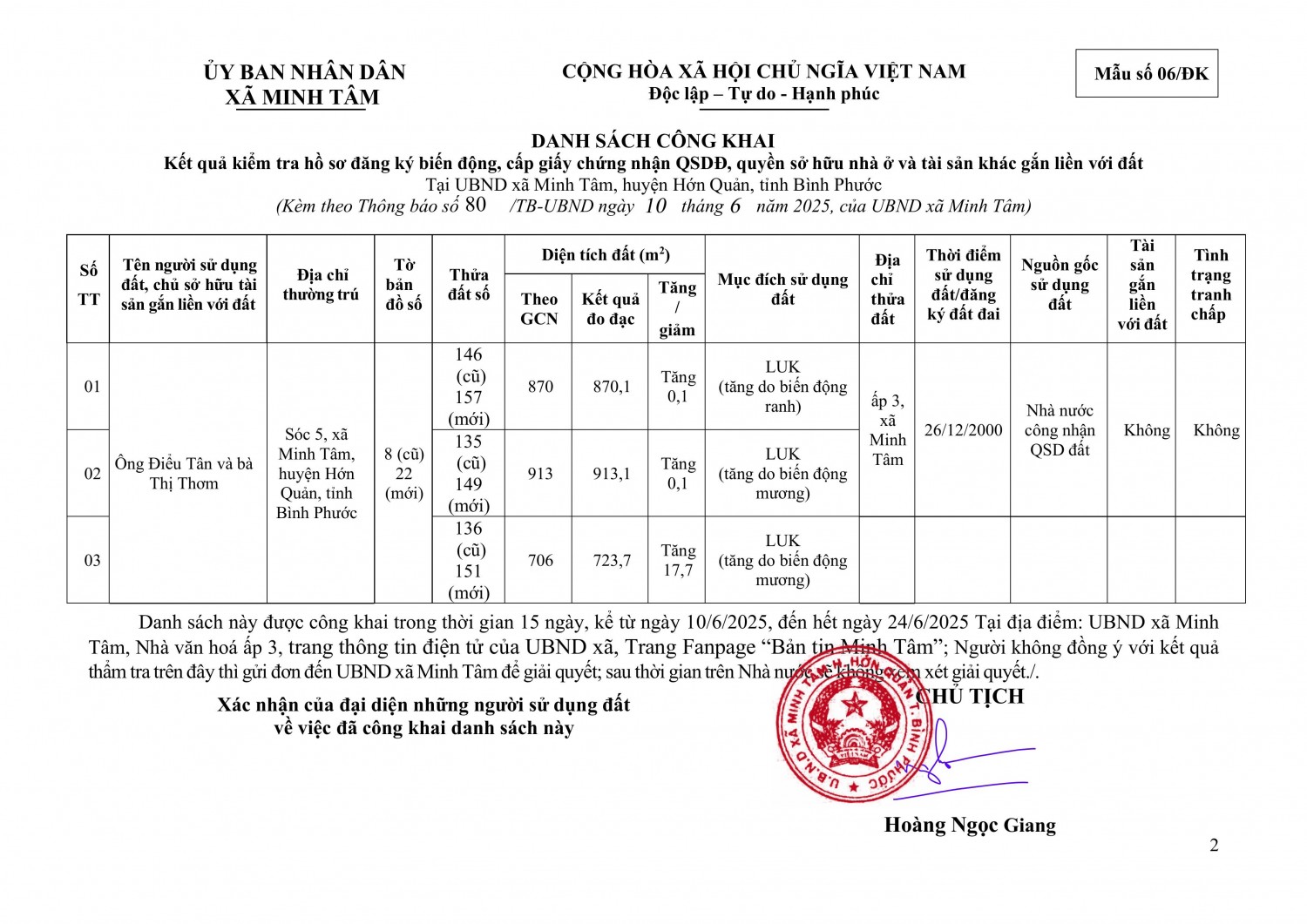 Th├┤ng b├ío Ni├¬m yß║┐t c├┤ng khai hß╗ô s╞í ─æß║Ñt ─æai ─Éiß╗âu Tß║Ñn h├¼nh ß║únh 1