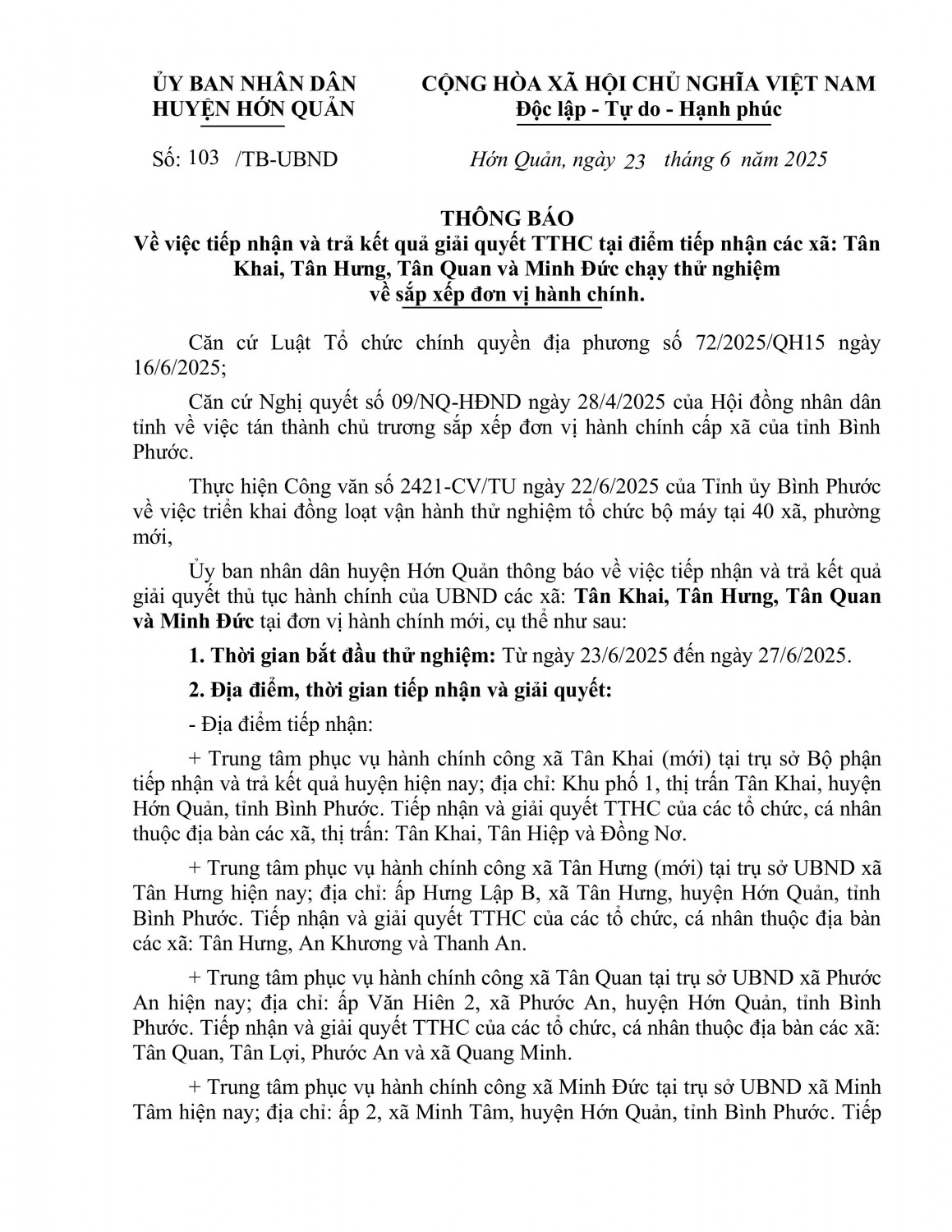 THÔNG BÁO: Về việc tiếp nhận và trả kết quả giải quyết TTHC tại điểm tiếp nhận các xã: Tân Khai, Tân Hưng, Tân Quan và Minh Đức chạy thử nghiệm về sắp xếp đơn vị hành chính.
